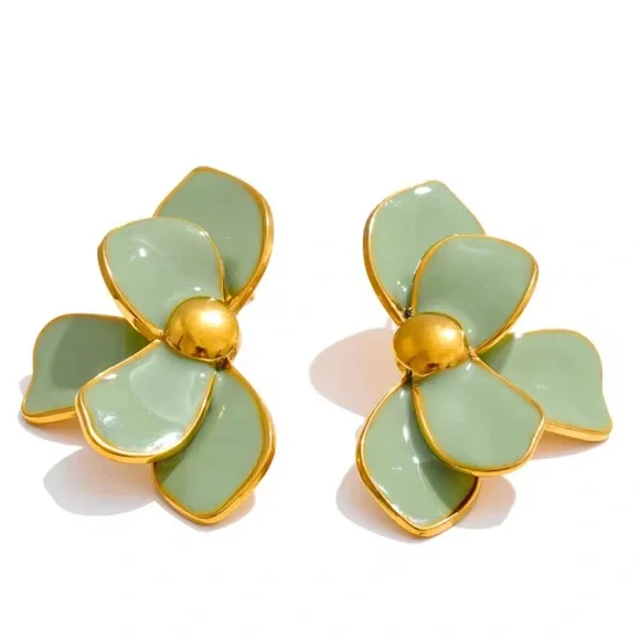 Sage Green Petal Floral Gold Earrings - Picture 5 of 8